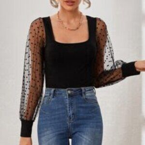 SHEIN Black Square Neck Polka Dot Mesh Sleeve Top